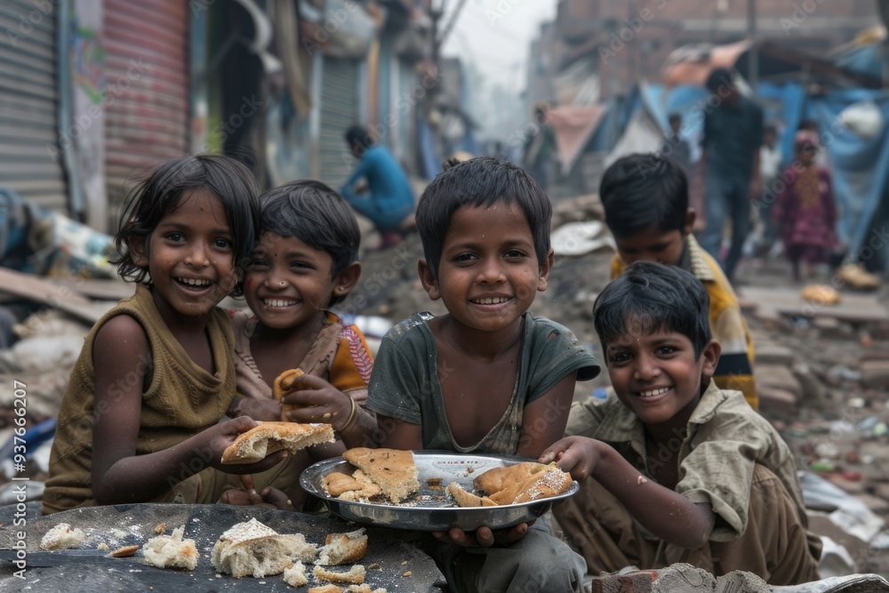 Happy Indian children enjoy food and bread on dirty crowded streets. Social problem of poverty, hunger, and lack of clean, drinking water. Happy Indian children enjoy food and bread on dirty crowded streets. Social problem of poverty, hunger, and lack of clean, drinking water.