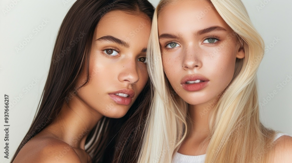 Two models with perfectly straight hair pose closely together, one with striking dark locks and the other with radiant light tresses, highlighting their unique beauty in a soft, neutral backdrop Two models with perfectly straight hair pose closely together, one with striking dark locks and the other with radiant light tresses, highlighting their unique beauty in a soft, neutral backdrop
