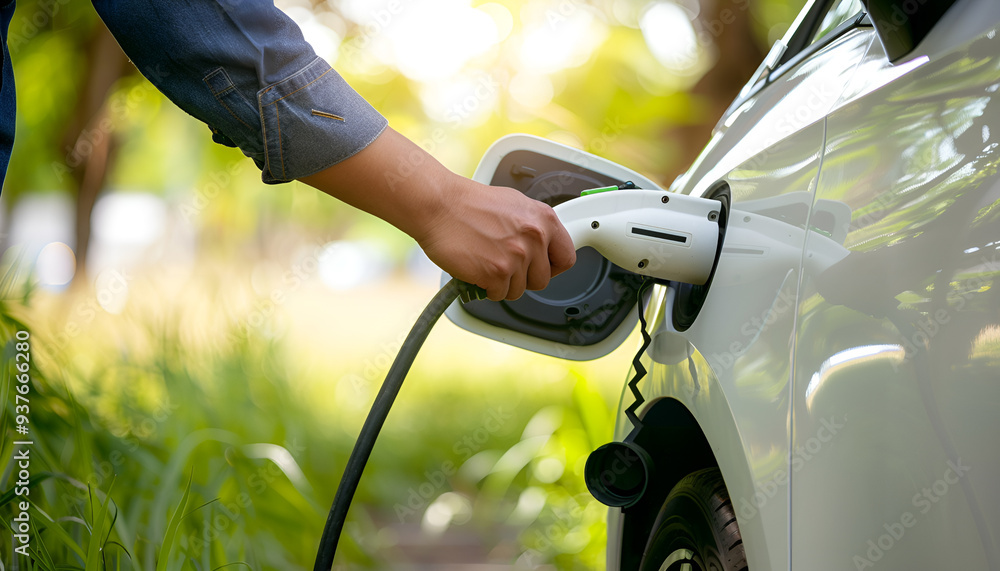 Electric car or ev is charging at station . man use the white power cable and plug on nature background Electric car or ev is charging at station . man use the white power cable and plug on nature background