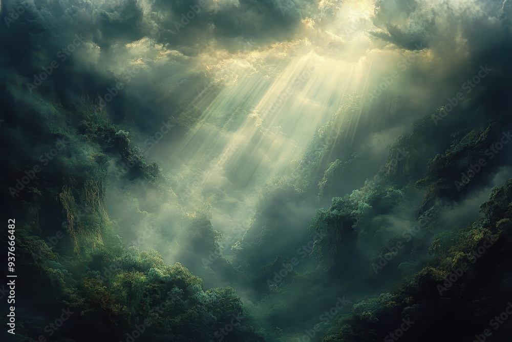 Sunbeams Breaking Through Clouds in a Foggy Mountain Valley Sunbeams Breaking Through Clouds in a Foggy Mountain Valley