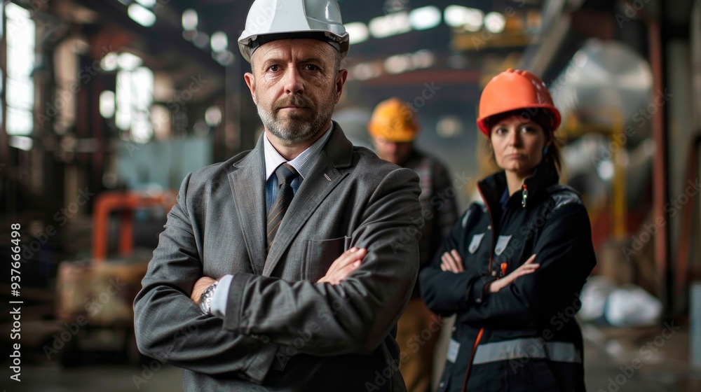 Amidst the bustling atmosphere of a manufacturing facility, three workers display professionalism and teamwork Amidst the bustling atmosphere of a manufacturing facility, three workers display professionalism and teamwork