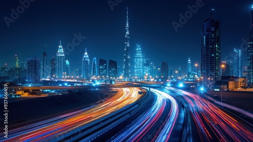 Dazzling Nightscape of the Iconic Dubai Skyline with Blurred Motion Trails