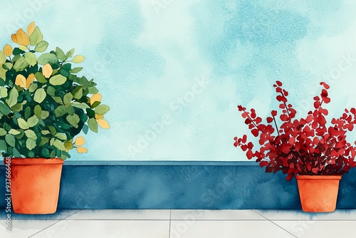 Capture a vivid, eye-level view of a lush green urban rooftop garden in vibrant watercolors photo