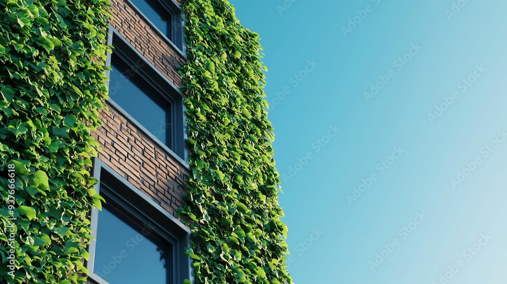 Design an eye-level view of a sustainable green building covered in climbing plants, showing the harmony between nature and architecture in a photorealistic style Design an eye-level view of a sustainable green building covered in climbing plants, showing the harmony between nature and architecture in a photorealistic style