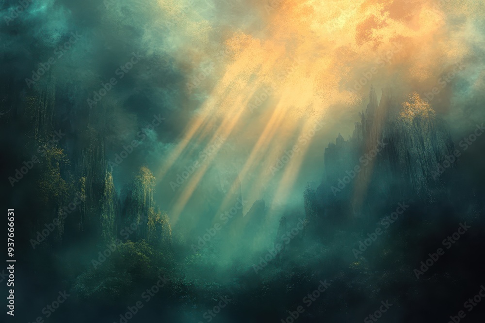 Golden Rays of Light Illuminating a Foggy Mountain Landscape Golden Rays of Light Illuminating a Foggy Mountain Landscape