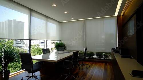 Modern Office Interior with White Blinds and Wooden Floor