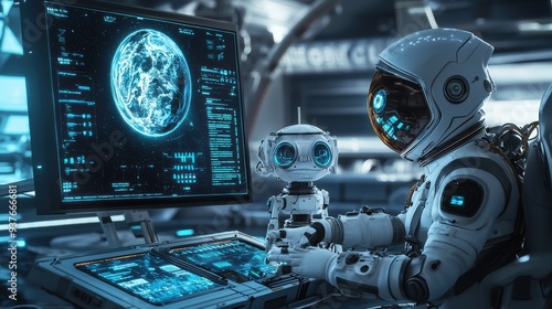 AI and Space Exploration: Astronauts on a space station working alongside an AI-driven robot, analyzing data from a distant planet while the AI processes and projects findings onto a large, 