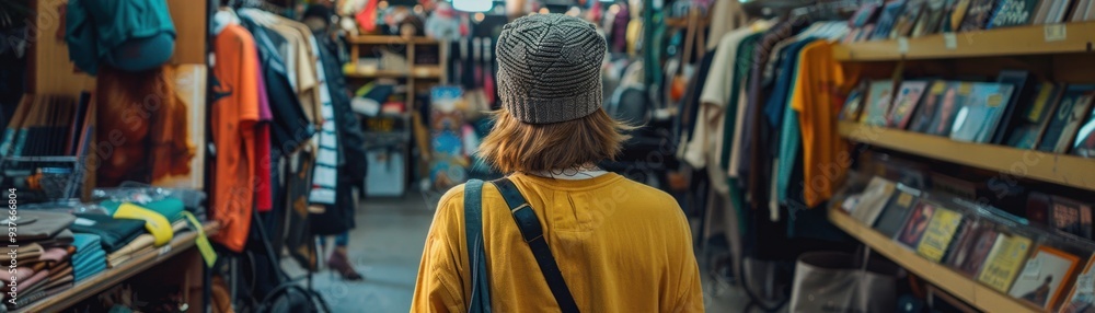 A woman in a yellow shirt and grey beanie walks through a crowded marketplace, past clothing racks and shelves of books.