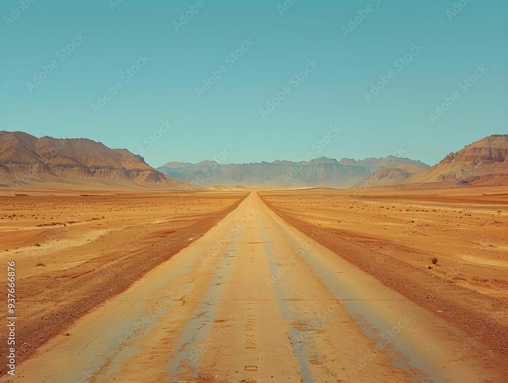 A long, empty road stretches through a vast desert landscape under a clear blue sky during the day in a remote region A long, empty road stretches through a vast desert landscape under a clear blue sky during the day in a remote region