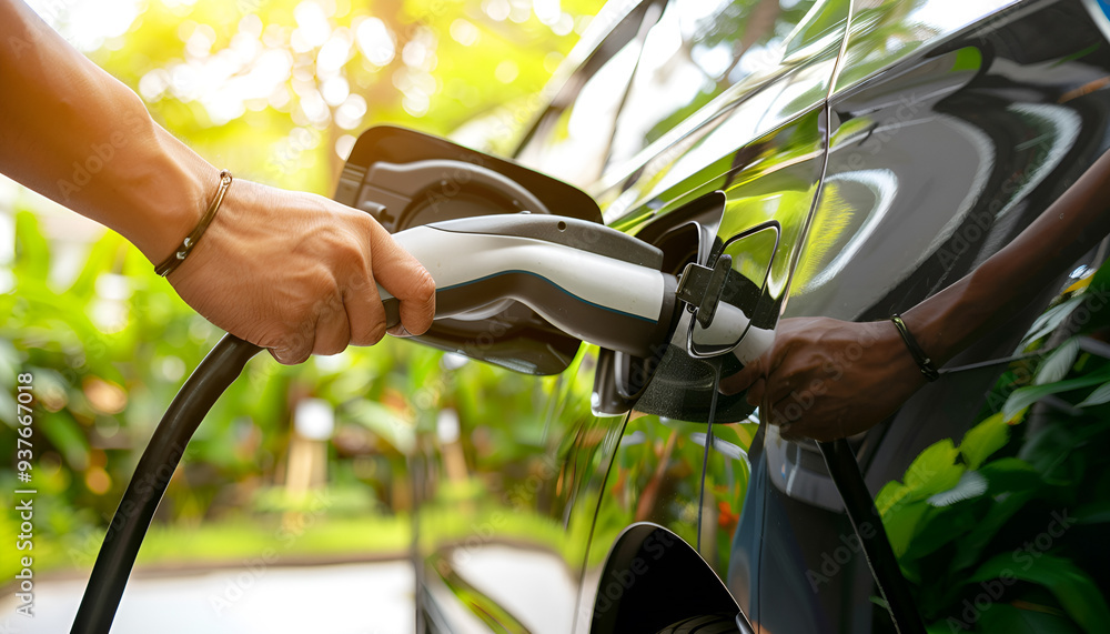 Electric car or ev is charging at station . man use the white power cable and plug on nature background Electric car or ev is charging at station . man use the white power cable and plug on nature background
