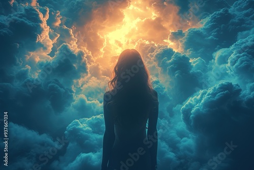 World mental health day concept: Silhouette alone woman standing on abstract of heaven background