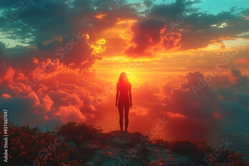 World mental health day concept: Silhouette alone woman standing on abstract of heaven background