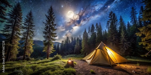 Under a star-filled night sky, a solo tent stands quietly weathered among towering trees, where mist swirls and the full moon casts an ethereal glow. photo