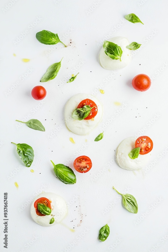 Mozzarella cheese with red tomato on top and basil leaves Mozzarella cheese with red tomato on top and basil leaves