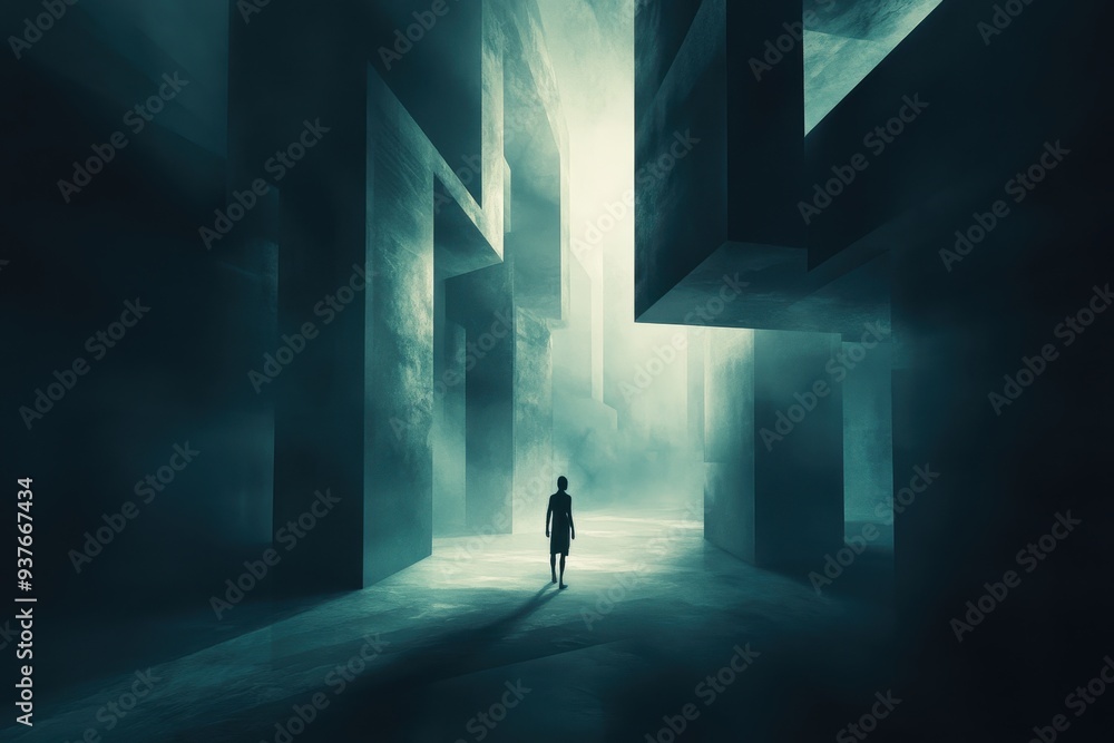 Silhouette of a Person Standing in a Foggy, Geometric Structure Silhouette of a Person Standing in a Foggy, Geometric Structure