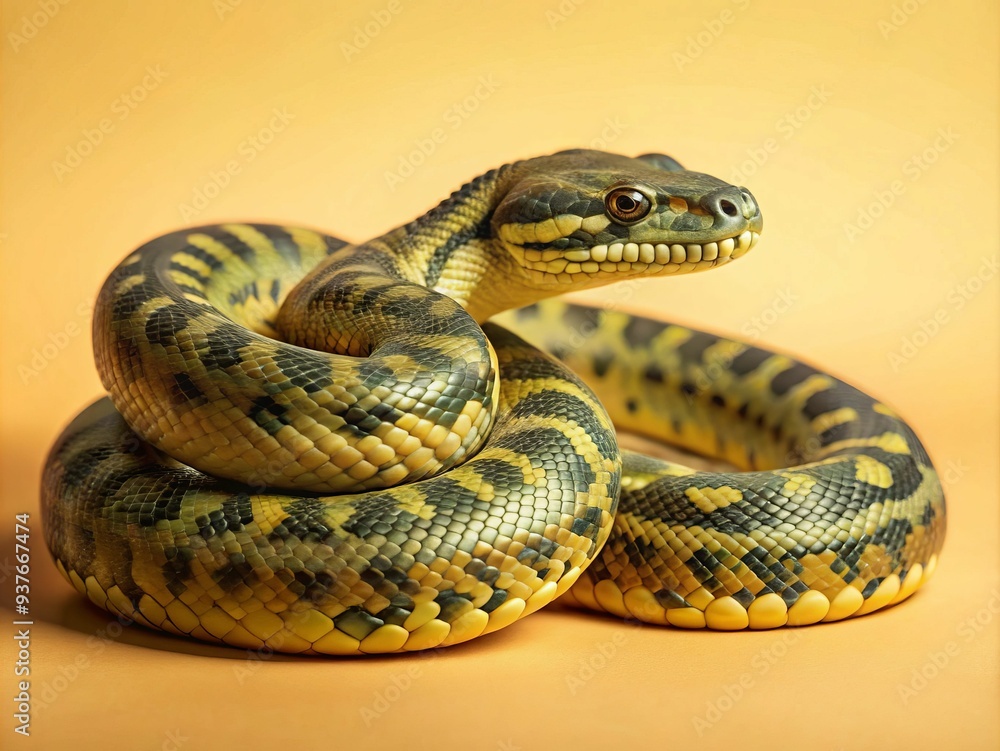A snake is curled up on a yellow background