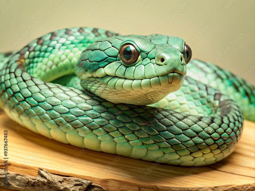 Fototapeta premium A green snake is laying on a wooden surface