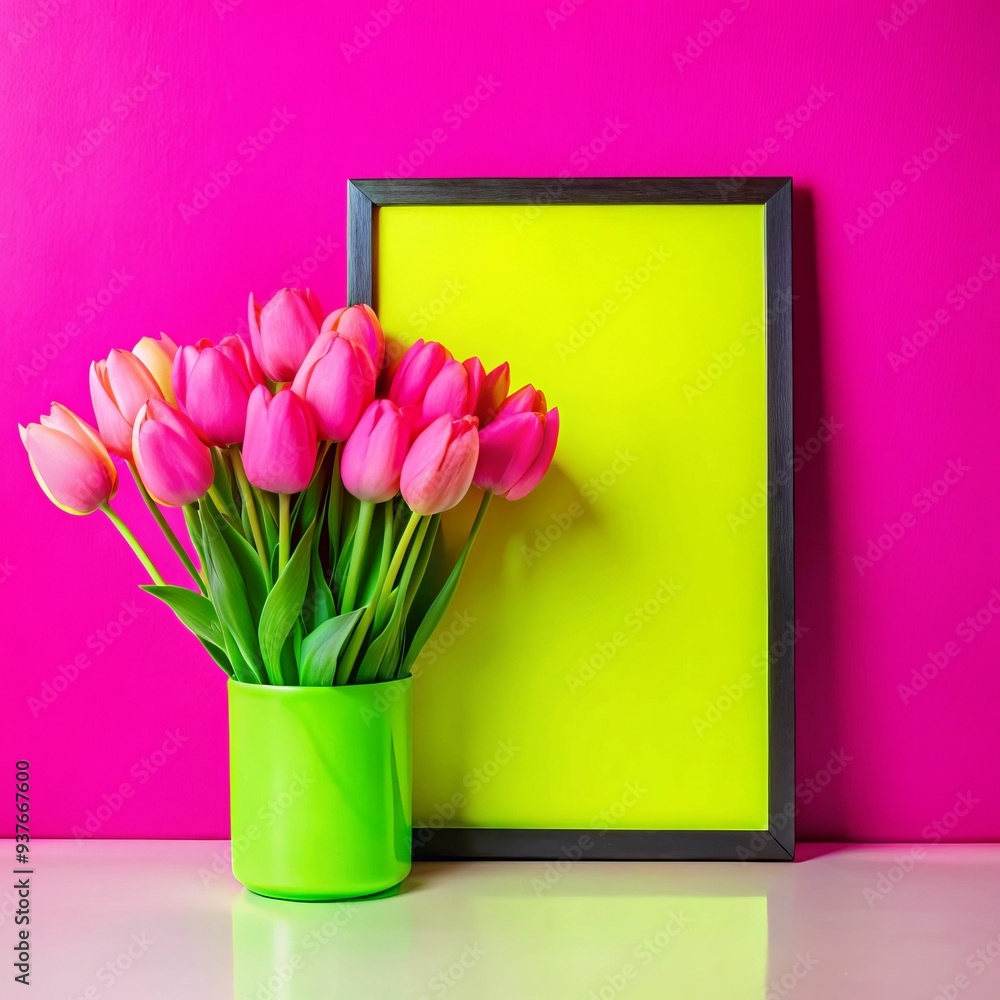 A green framed picture sits on a wooden table next to a potted flowers A green framed picture sits on a wooden table next to a potted flowers