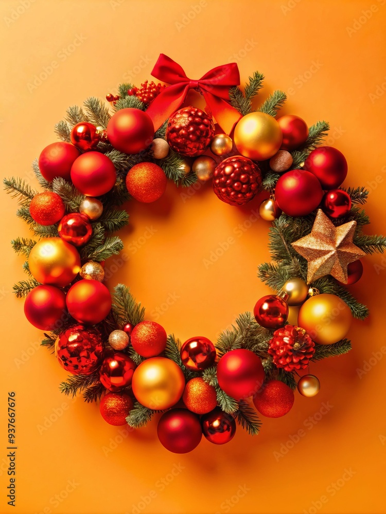 A wreath of red and gold ornaments with a bow A wreath of red and gold ornaments with a bow