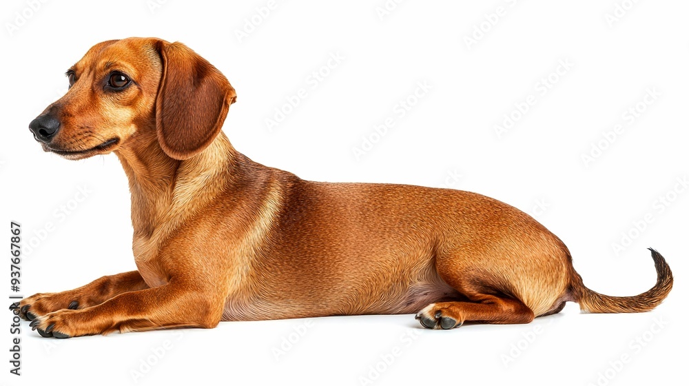 A Brown Dachshund Lying on a White Background A Brown Dachshund Lying on a White Background
