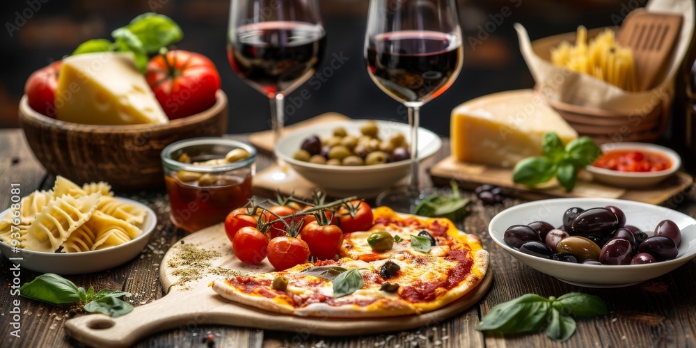 Italian food dishes on dark background. Traditional italian cuisine concept. Dishes and appetizers of indeed cuisine. Mideterranean diet high in vitamin and antioxidants. Ai generative Italian food dishes on dark background. Traditional italian cuisine concept. Dishes and appetizers of indeed cuisine. Mideterranean diet high in vitamin and antioxidants. Ai generative