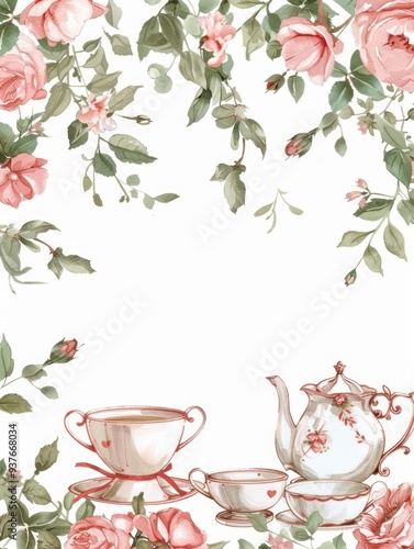 Watercolor illustration of a teapot, teacups, and roses. photo