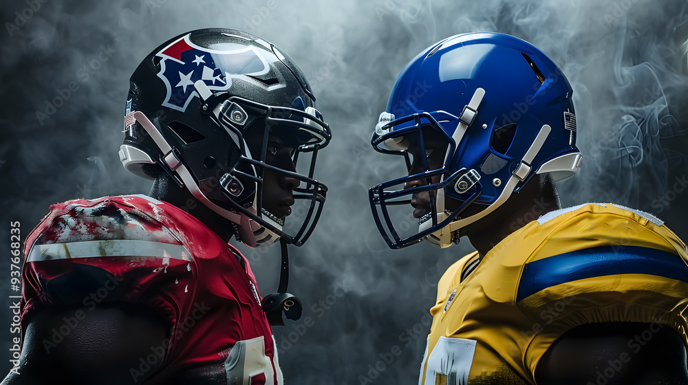 Fototapeta premium Two american football players with helmets standing opposite.
