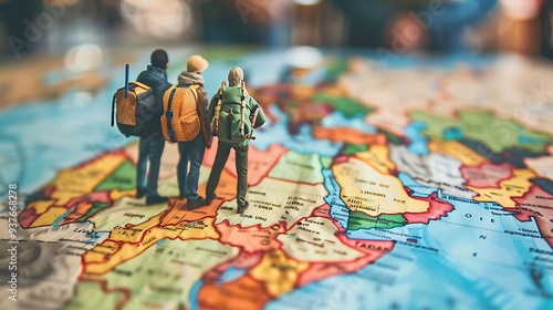 Miniaturized travelers exploring a colorful map, symbolizing adventure and exploration.