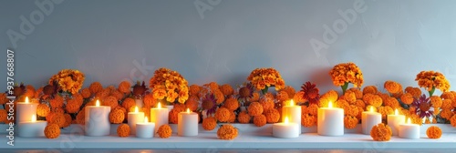 Day of the Dead Altar with Candles and Marigolds. photo