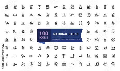 Set of national park icons. Simple line art style icons pack. Pixel perfect, minimalistic web and UI icon. Outline icon collections. Editable vector illustration.