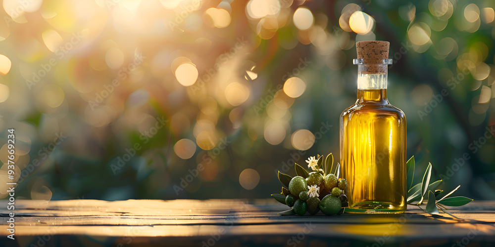 Olive Oil Bottle with Fresh Olives on Rustic Table in Sunlight Olive Oil Bottle with Fresh Olives on Rustic Table in Sunlight