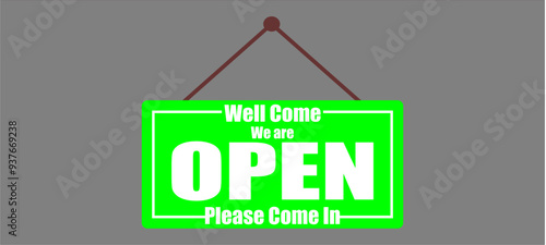 Welcome and Open signboard of the coffee shop that hanging inside the glass window with some reflection. Sign and symbol for business place. Vector Illustration.