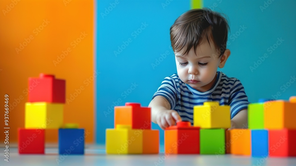 A young boy plays with colorful toy blocks on a white table in front of a blue and orange wall. A young boy plays with colorful toy blocks on a white table in front of a blue and orange wall.