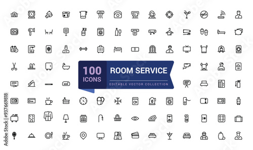 Room service icon set. Related to hotel, motel and hostel. Pixel perfect, minimalistic web and UI icon. Outline icon collections. Editable vector illustration.