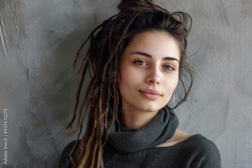 Beautiful young woman with dreadlocks in front of gray wall Beautiful young woman with dreadlocks in front of gray wall