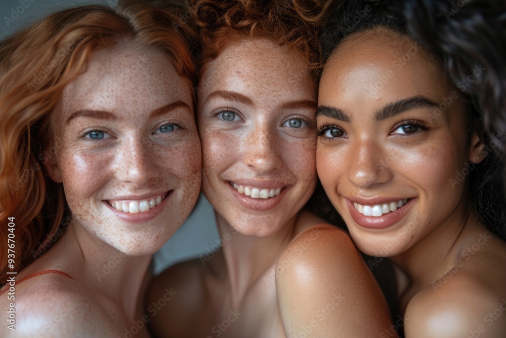 Diverse female friends smiling together in close up portrait. Diverse female friends smiling together in close up portrait.