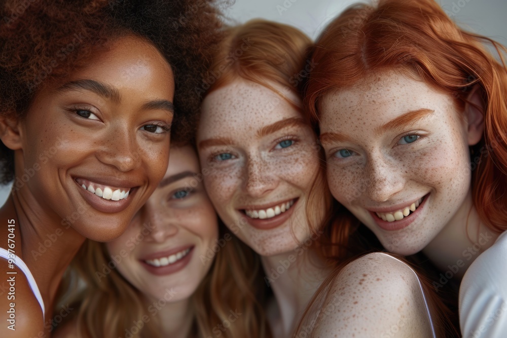 Diverse female friends smiling together in close up portrait. Diverse female friends smiling together in close up portrait.