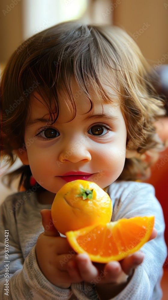 A close-up portrait of a young girl holding an orange slice in her hand with a whole orange in the other. A close-up portrait of a young girl holding an orange slice in her hand with a whole orange in the other.