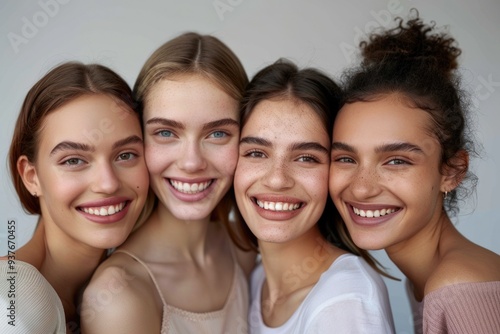 Diverse female friends smiling together in close up portrait.