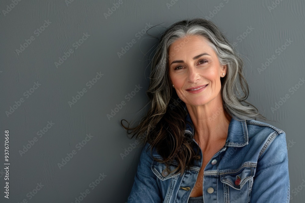 Fototapeta premium Stylish mature woman smiling in studio with denim jacket.