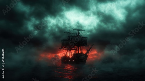 Engulfed in flames, a pirate ship drifts through dense, dark storm clouds, setting a haunting and ominous scene.