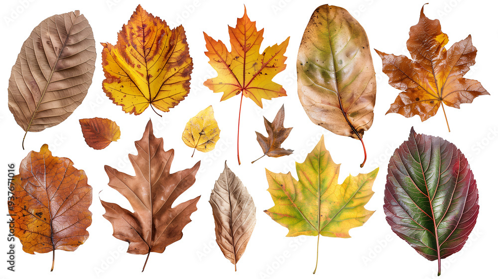Obraz premium Set of isolated dry Autumn leaves on a transparent background. Volume 2: Orange, yellow and brown color tone.