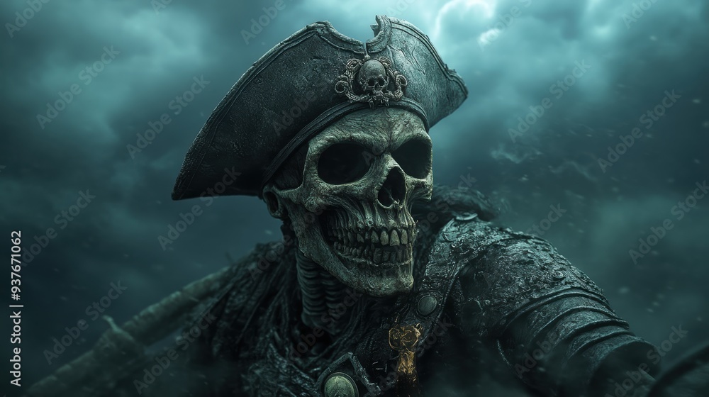 Obraz premium A skeletal pirate captain with a weathered tricorn hat stares ominously, shrouded in mist and darkness under stormy skies.