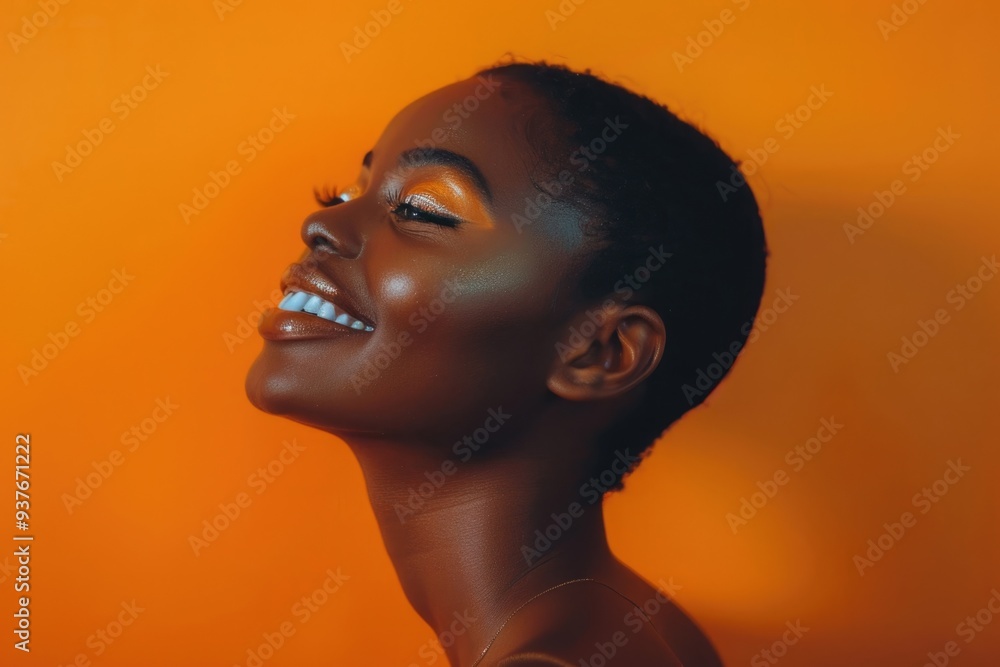 Smiling young black woman in studio with makeup against orange background. Smiling young black woman in studio with makeup against orange background.