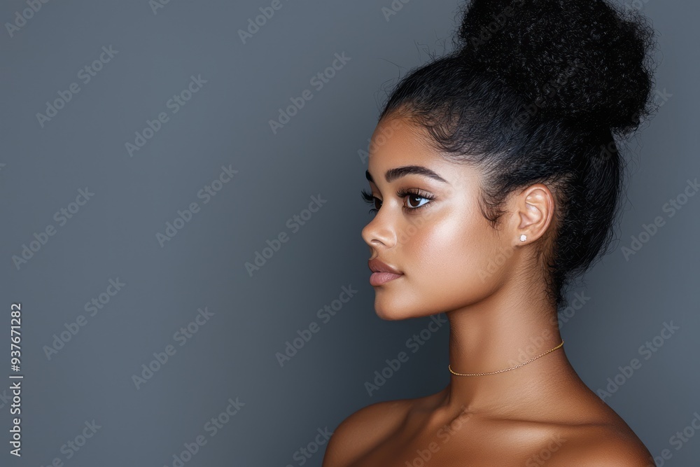 Elegant profile of a young woman with natural curls against a gray backdrop Elegant profile of a young woman with natural curls against a gray backdrop