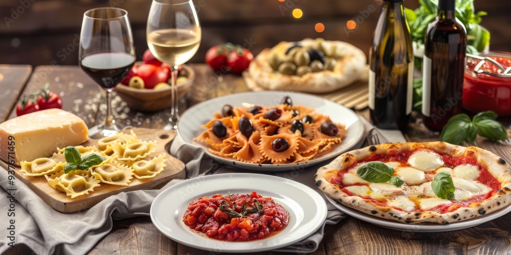 Italian food dishes on dark background. Traditional italian cuisine concept. Dishes and appetizers of indeed cuisine. Mideterranean diet high in vitamin and antioxidants. Ai generative Italian food dishes on dark background. Traditional italian cuisine concept. Dishes and appetizers of indeed cuisine. Mideterranean diet high in vitamin and antioxidants. Ai generative