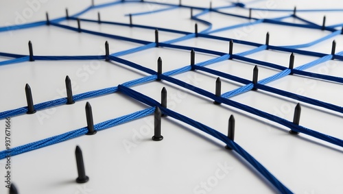 Abstract network of blue threads and black pins on white surface