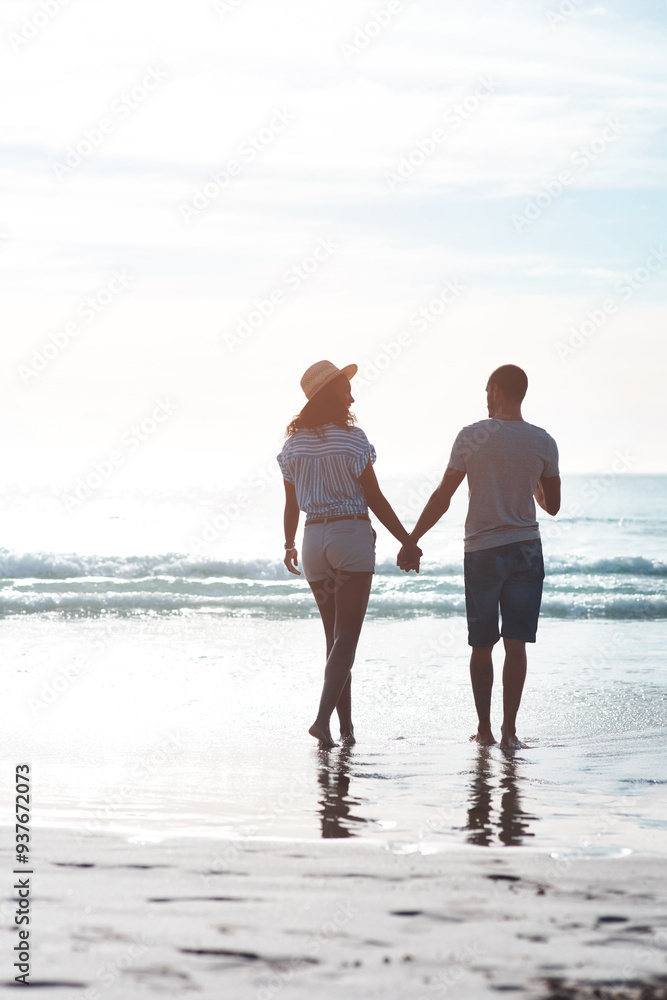 Love, walk and holding hands with couple, ocean and happy relationship for anniversary on holiday together. Romance, man and woman with Miami beach, summer break and bonding with sunset on vacation Love, walk and holding hands with couple, ocean and happy relationship for anniversary on holiday together. Romance, man and woman with Miami beach, summer break and bonding with sunset on vacation
