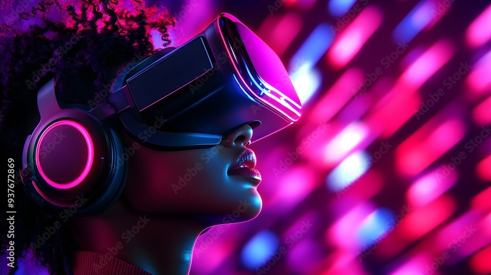 Woman Immersed in Vibrant Neon Lit Virtual Shopping Realm Woman Immersed in Vibrant Neon Lit Virtual Shopping Realm