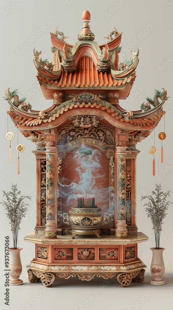 Fototapeta premium Traditional Chinese Incense Altar with Incense Sticks and Smoke.